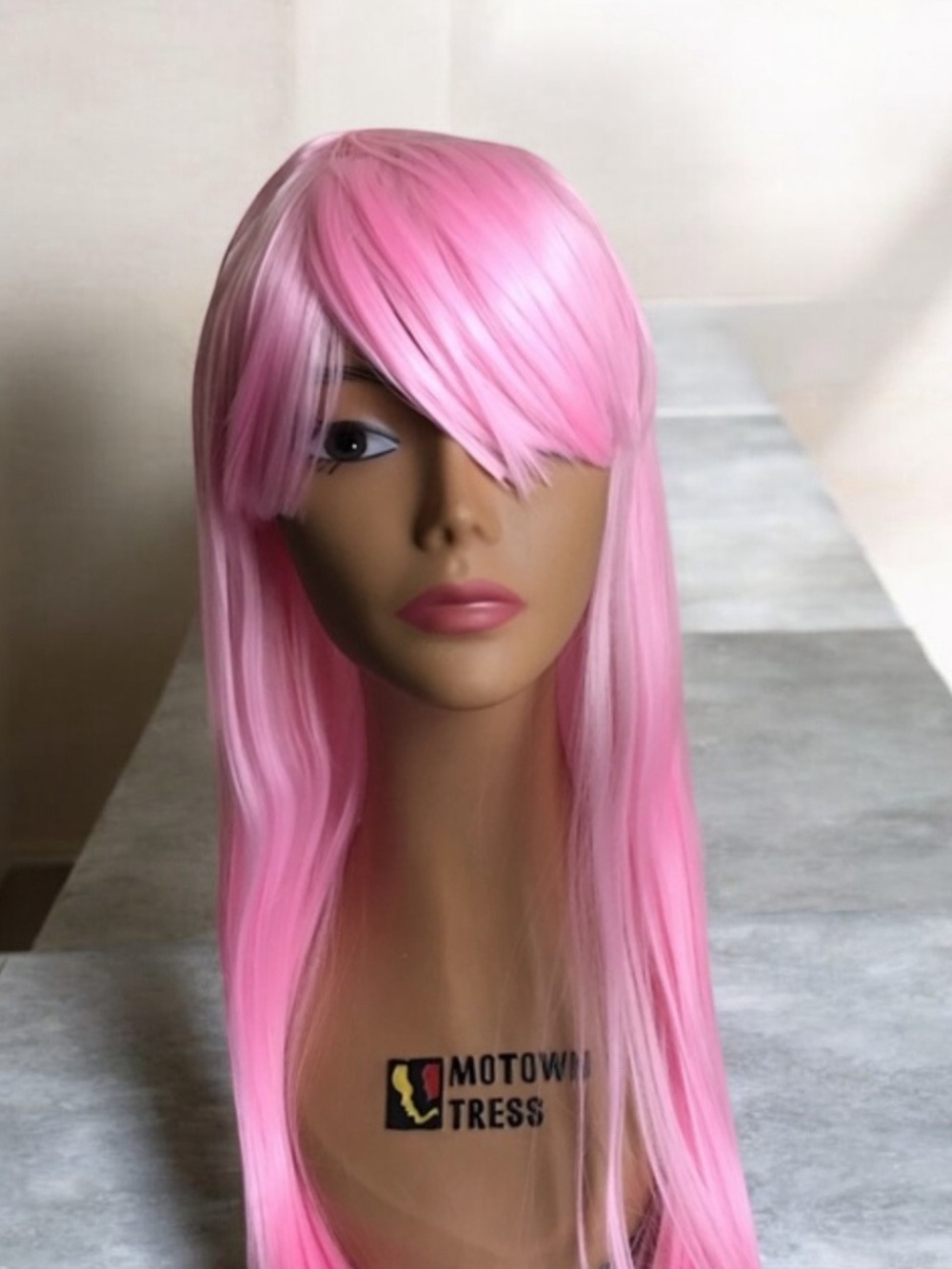 Pink Long Straight Women’s Wig with Side Bangs